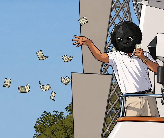 A cartoon figure wearing a black geometric mask and white polo shirt throws dollar bills into the air from atop a yacht, with stacks of cash visible beside him. The image visually celebrates the financial rewards and RWA volume achievements mentioned in the post about theindex.finance's token distribution to holders.