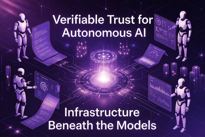 A futuristic illustration featuring humanoid robots and data screens surrounding a glowing central node, with text reading 'Verifiable Trust for Autonomous AI' and 'Infrastructure Beneath the Models'.