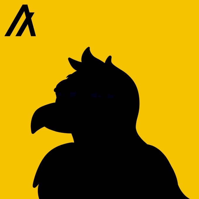 A black silhouette of a character with spiky hair, glowing blue eyes, and a sharp nose is set against a bright yellow background with a stylized "A" logo.