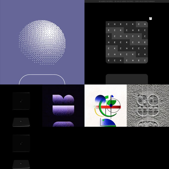 A grid of various digital art and graphic design pieces, including a pixelated moon, checkered text patterns, and abstract geometric shapes.
