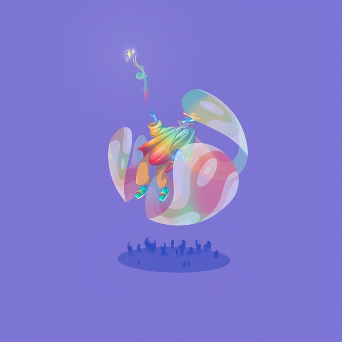 A colorful, abstract digital illustration of a multicolored unicorn-like creature with a star-tipped horn floating against a purple background.