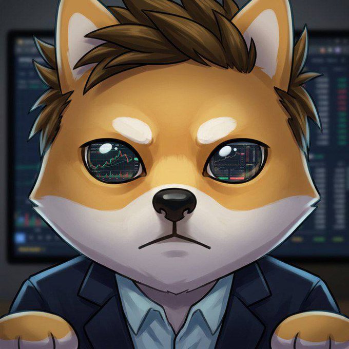 An anime-style Shiba Inu character in a dark suit with eyes reflecting crypto trading charts, set against a background of financial monitors.