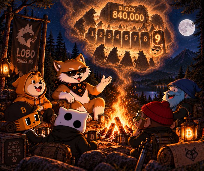 A digital illustration of cartoon characters, including a Shiba Inu and a wizard, gathered around a campfire under a moonlit sky. A floating scoreboard reads 'BLOCK 840,000' and a banner displays 'LOBO RUNES #9'.