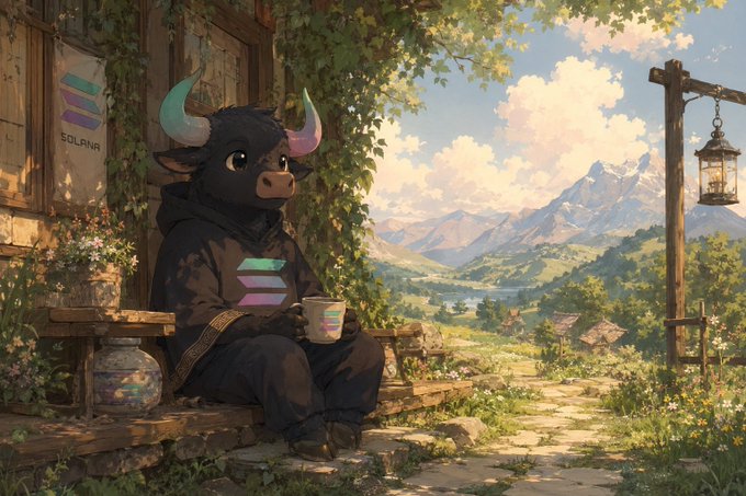 A black bull character wearing a hoodie with a Solana logo sits peacefully on a porch holding a cup, overlooking a serene mountain landscape with a Solana-branded sign nearby. The image embodies the "bullish" mantra by depicting a calm, content bull mascot in a relaxed setting, symbolizing confidence and positive momentum in the Solana ecosystem.