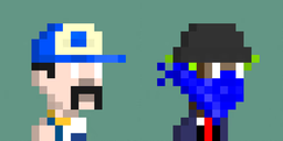 Pixel art of two character heads: one with a blue cap and goatee, and another with a blue bandana and dark hat.