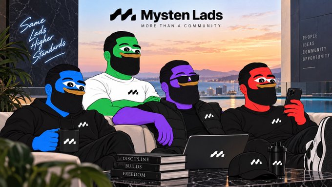 A promotional graphic for 'Mysten Lads - MORE THAN A COMMUNITY' showing four cartoon duck mascots in colored masks posing with branded merchandise like mugs, a laptop, and books reading 'DISCIPLINE BUILDS FREEDOM'.