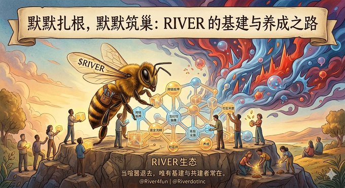 The image features a painting of a river with people standing around it, possibly engaged in some sort of activity or event. The painting includes elements such as a bee, which could be interpreted as a symbol related to the river's flow or life force. The post is written in Chinese and has an English translation at the bottom that reads "在这个资金到处乱窜、市场频繁洗牌的阶段，看项目反而最准。". The painting and the post are related in that they both discuss rivers, with one being a visual representation of the river depicted in the painting.