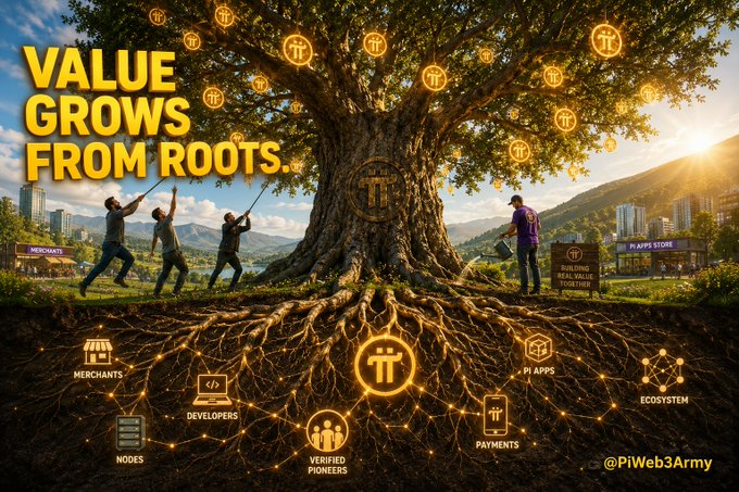 A promotional Pi Network graphic stating 'VALUE GROWS FROM ROOTS,' depicting people tending to a large tree with Pi coins, branches connecting to merchants, developers, and nodes below ground (@PiWeb3Army).