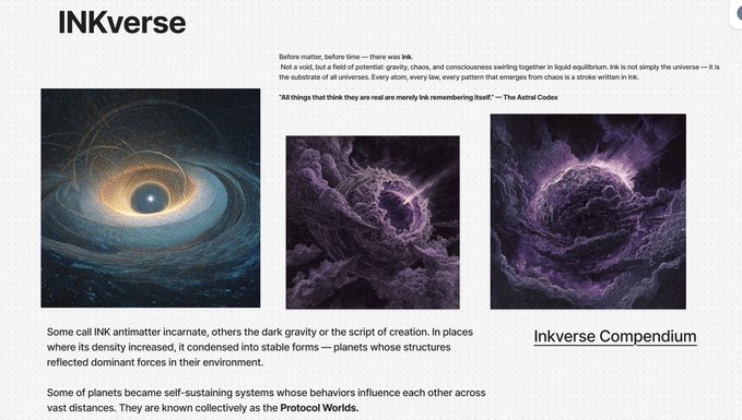 A webpage titled 'INKverse' describes ink as the substrate of all universes, featuring cosmic images of a black hole and purple nebula-like vortexes, with text mentioning 'INK antimatter incarnate', 'Protocol Worlds', and a link to the 'Inkverse Compendium'.