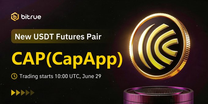 Bitrue promotional banner announcing the launch of a new USDT futures pair for CAP (CapApp), featuring a golden coin graphic and noting that trading begins at 10:00 UTC on June 29.