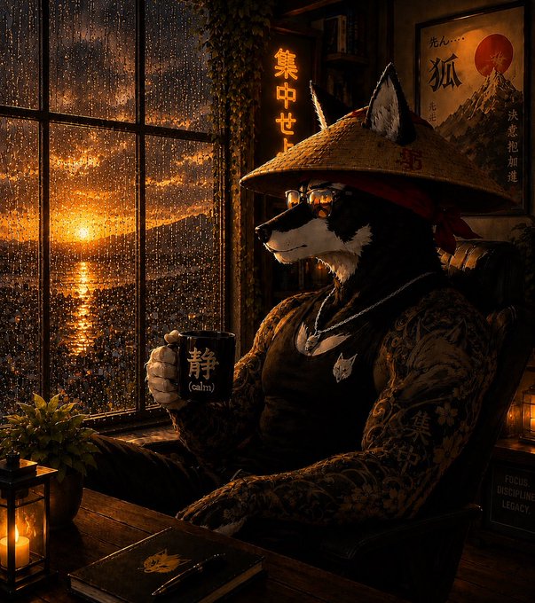 A digital illustration features an anthropomorphic husky dog wearing a straw hat, sunglasses, and a patterned robe, holding a mug with Asian characters, sitting by a window overlooking a sunset over water, with Japanese calligraphy on the wall.