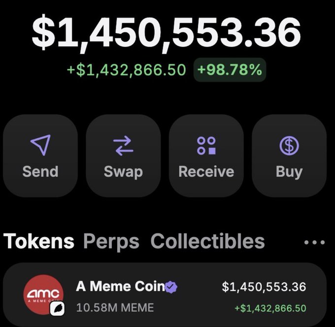 A crypto wallet screenshot displays a portfolio balance of $1,450,553.36, showing a gain of +$1,432,866.50 (+98.78%), entirely held in a single token called "A Meme Coin" (ticker: MEME) with 10.58M tokens, alongside action buttons for Send, Swap, Receive, and Buy, while the accompanying caption "10$ ga max touch addys in cs" appears to reference having max-touched the 10-dollar point across multiple addresses in the community, tying into the meme coin's seemingly massive and rapid gains shown on the wallet.