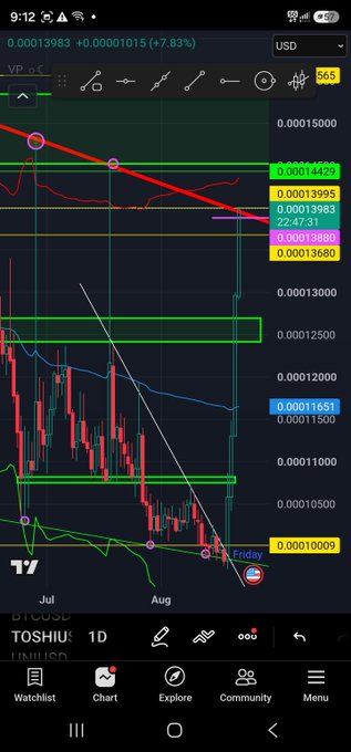 A mobile trading app displays a downward-trending candlestick chart for 'TOSHIUSD' (Toshi) on a daily timeframe, showing a price around 0.00013983 and a 7.83% gain.