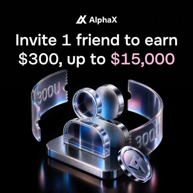An AlphaX cryptocurrency exchange referral promotion advertisement with the text 'Invite 1 friend to earn $300, up to $15,000' featuring 3D rendered silver tickets and coins with the AlphaX logo.