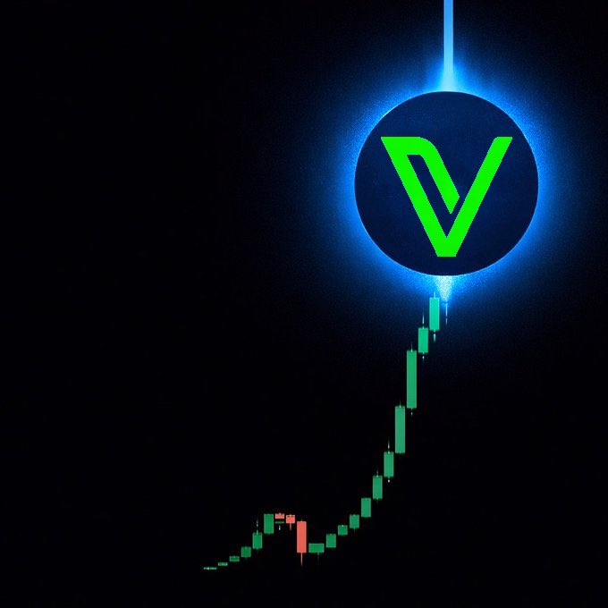 A green 'V' logo (Verge/XVG cryptocurrency) with a glowing blue aura, overlaid on a candlestick price chart showing an upward trend.