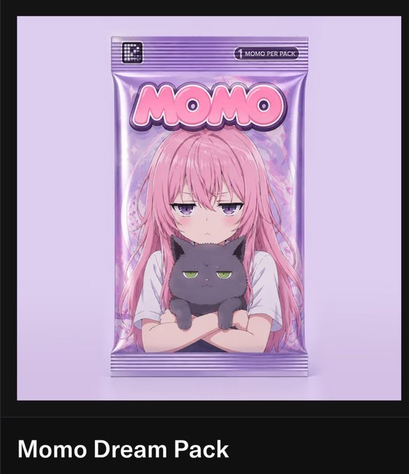 A promotional image showcases a "MOMO PER PACK" foil packet design labeled "Momo Dream Pack," featuring an anime-style pink-haired girl affectionately holding a small black cat. The text "Momo Dream Pack" appears below the packet, tying in with the tweet celebrating the successful minting of the @momoyumemi NFT.