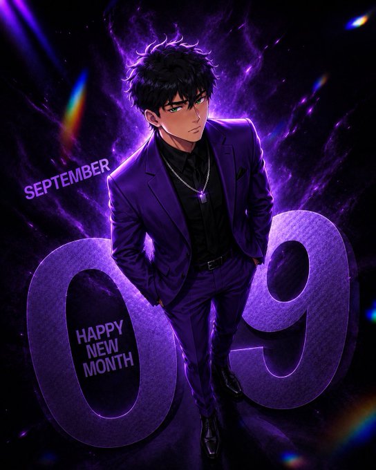An anime-style young man in a sleek purple suit stands confidently amid glowing purple energy effects. Large 3D purple numerals '09' flank him with text reading 'SEPTEMBER' and 'HAPPY NEW MONTH'.