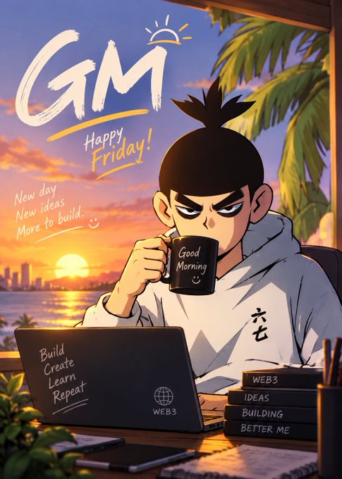 An animated illustration of a character drinking from a 'Good Morning' mug with a 'GM Happy Friday!' header, surrounded by motivational phrases like 'New day, New ideas, More to build,' alongside a laptop and books labeled WEB3, IDEAS, BUILDING, and BETTER ME.