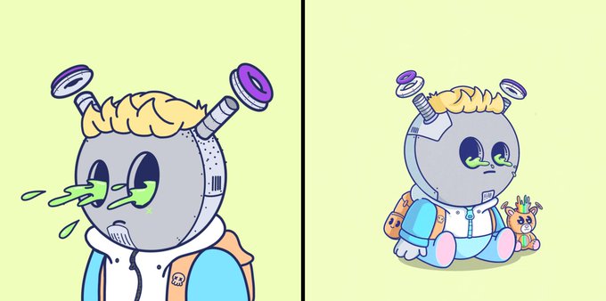 Two cartoon-style drawings of a robot-like character with blonde hair, purple antennae, and a backpack, set against a pale green background.