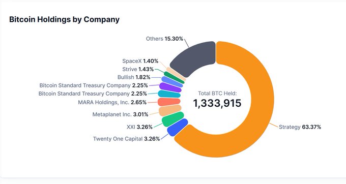 "This image shows a pie chart that demonstrates various companies holding onto Bitcoin. The largest slice of the chart represents Bitcoin Standard Treasury, followed by Bitcoin Standard Treasury, Bitcoin Cash, Ripple, and other coins such as XRP."