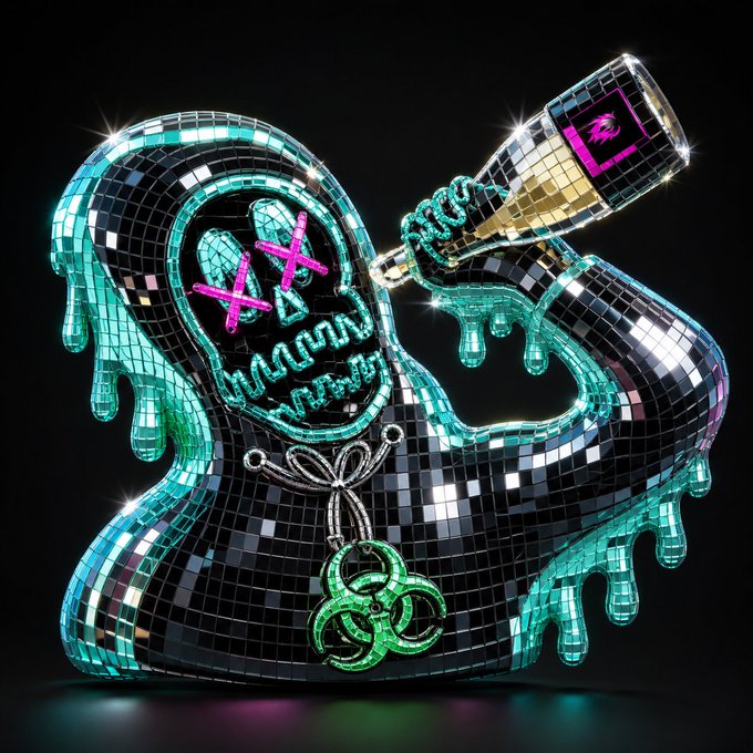 A disco ball-styled cartoon character holds a champagne bottle labeled "L" with a unicorn logo, wearing a biohazard pendant. The glamorous, party-themed artwork complements the cheerful "gm everyone" morning greeting.