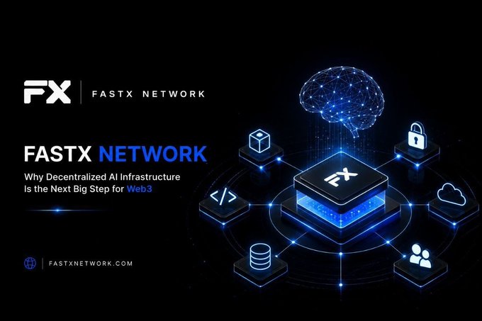 A digital advertisement for 'FASTX NETWORK' with the text 'Why Decentralized AI Infrastructure Is the Next Big Step for Web3' and 'FASTXNETWORK.COM'.