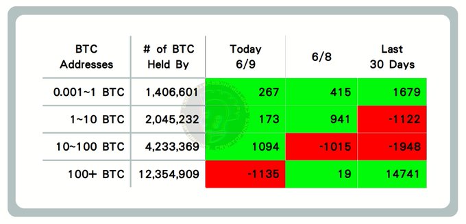 The image shows a table with various data about Bitcoin addresses, including the number of addresses held by each address holder, as well as the current value of Bitcoin at 6/9/2021. The table displays information such as the number of addresses held by each address holder and their respective values in Bitcoins.