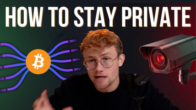 YouTube thumbnail titled 'HOW TO STAY PRIVATE' featuring a young man with glasses, a Bitcoin logo with data cables, and a security camera with a red lens.