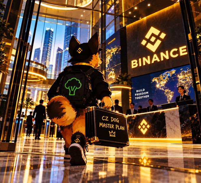 A digital illustration of an anthropomorphic dog wearing a hat and backpack, holding a briefcase labeled 'CZ DOG MASTER PLAN' with a crown, standing in a luxurious lobby with a large 'BINANCE' sign and 'BUILD FREEDOM TOGETHER' displayed on a screen.