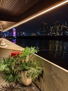 A nighttime waterfront view from a sleek, modern balcony overlooking a brightly lit city skyline across a river, framed by a lush potted plant in the foreground. The post references the TRON ship setting sail, suggesting the image captures the vessel or venue associated with the TRON DAO event.