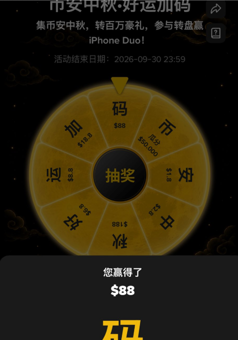 A Chinese mobile game 'spin the wheel' promotional page with text in Chinese and English reading 'Win an iPhone Duo,' with a result showing 'You won $88' and an event end date of 2026-09-30.