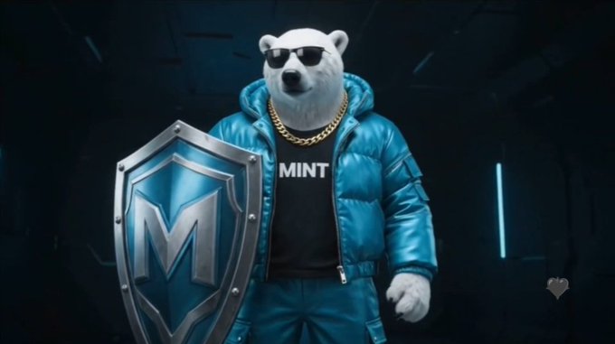 A 3D-rendered white bear wearing sunglasses, a gold chain, and a blue puffer jacket with a "MINT" shirt, standing next to a blue shield with an "M" logo.