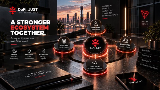 A promotional graphic for 'DeFi_JUST' titled 'A STRONGER ECOSYSTEM TOGETHER' featuring interconnected nodes labeled 'BORROWERS', 'SUPPLIERS', 'COMMUNITIES', and 'DEVELOPERS' on the TRON network.