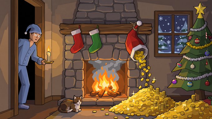 An illustration depicts a man in blue pajamas holding a candle peeking into a room with a fireplace, a Christmas tree, stockings, a cat, and a Santa bag spilling gold coins.