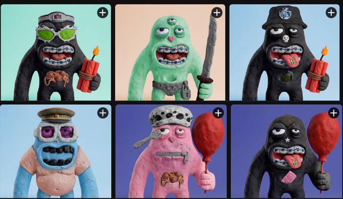 A grid of six whimsical, monster-like clay figurines with exaggerated features—including braces, goggles, and various accessories—each displayed in a square tile with a "+" icon, visually representing the diverse and quirky NFT collectible characters of the @just_t00ns project.