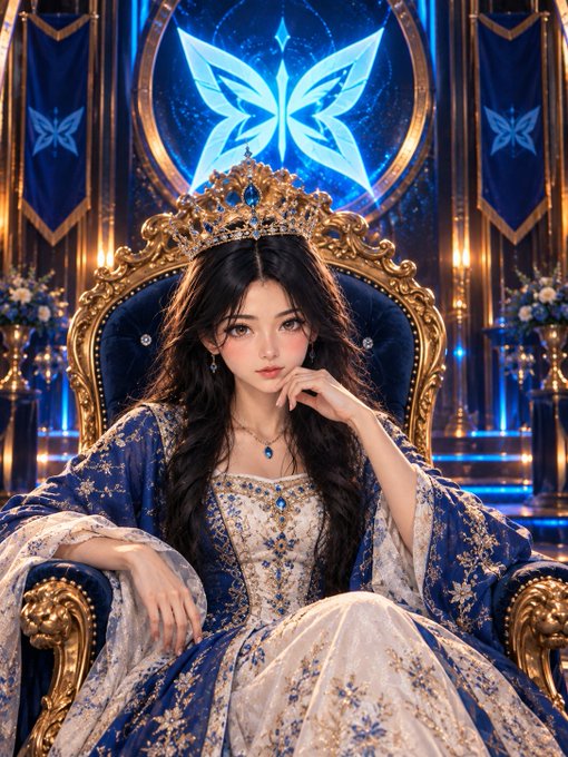 An AI-generated fantasy artwork of an anime-style woman wearing a gold crown and ornate blue-and-white royal gown, seated on a golden throne with a glowing blue butterfly emblem behind her.
