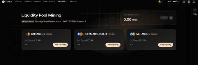 A screenshot of a website's 'Liquidity Pool Mining' page showing available rewards of '0.00 ASTER' and three liquidity pools: OURAUSD1, POLYMARKETUSD1, and METAUSD1, all marked 'Prop Gold' with estimated bonus APY of 36%.