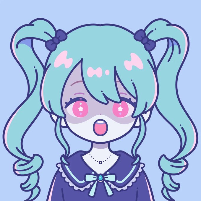 A chibi-style anime illustration of a pale-skinned girl with cyan pigtails, pink eyes, and a purple dress with a bow.