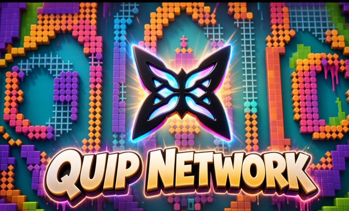 A vibrant promotional graphic for 'QUIP NETWORK' featuring a stylized black and blue butterfly logo against a colorful pixelated background of Tetris-like blocks.
