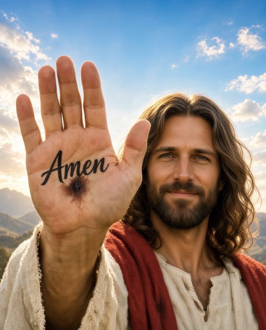 A portrait of a man resembling Jesus holding up his hand, which bears the word 'Amen' tattooed on the palm and a crucifixion wound, against a backdrop of blue sky and mountains.