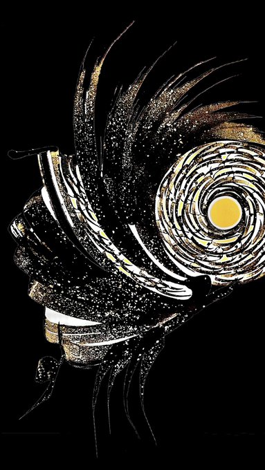 A high-contrast black and white illustration of a side profile face with swirling, starry patterns and a bright yellow circular element resembling a sun or eye.