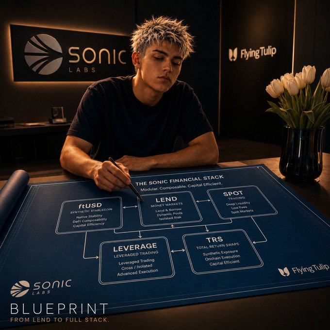 A young man with tousled blonde hair reviews "The Sonic Financial Stack" blueprint, a detailed chart outlining modular components including LEND, SPOT, LEVERAGE, TRS, and ftUSD, with Sonic Labs and Flying Tulip branding visible in the background. The image visually represents the $S token's expansion into a full-stack DeFi ecosystem.