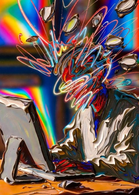 A vibrant AI-generated artwork depicting a chaotic, colorful figure in front of a laptop with rainbow swirls and floating objects.