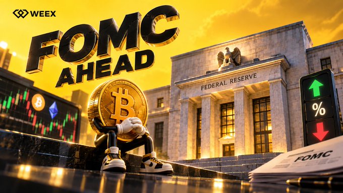 A WEEX promotional banner titled 'FOMC AHEAD' showing a Bitcoin coin character in front of the Federal Reserve building with green up and red down arrows.