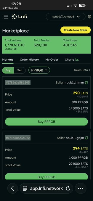 Mobile screenshot of the LnFi marketplace on Proton Mail showing PPRGB token listings with buy orders priced at 290 and 294 SATS.