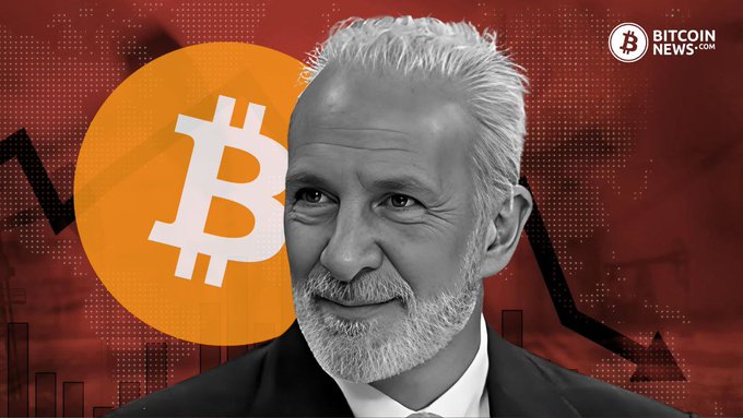 The image shows Peter Schiff, a well-known Bitcoin critic and gold advocate, alongside a large Bitcoin logo, with a red downward-trending background and the "Bitcoin News" watermark. It relates to the post by highlighting Schiff's typically anti-Bitcoin stance, making the speaker's unexpected agreement with him on something surprising and ironic.