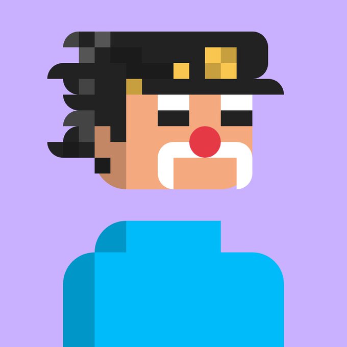 A flat vector illustration of a person with curly black hair, a white beard/mustache, and a red clown nose, wearing a blue shirt on a purple background.