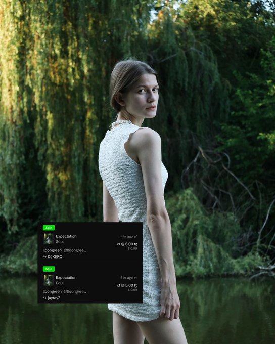 A young woman in a white textured dress stands by a pond surrounded by lush greenery, turning to glance over her shoulder. The image overlays screenshots of successful NFT purchases, including "Expectation" sold for "x1@ 5.00 tz" each, reflecting the artist's gratitude for the Tezos-based support referenced in the post.