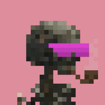 A highly pixelated figure wearing a pink headband is displayed against a solid pink background.