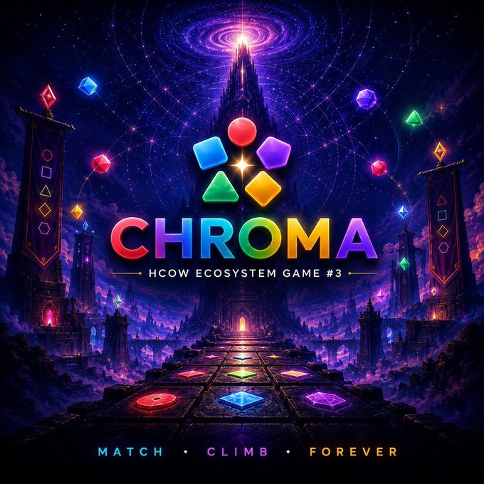 A colorful game promotional image for 'CHROMA', described as 'HCOW Ecosystem Game #3', with the tagline 'MATCH • CLIMB • FOREVER' against a fantasy castle backdrop under a starry sky.